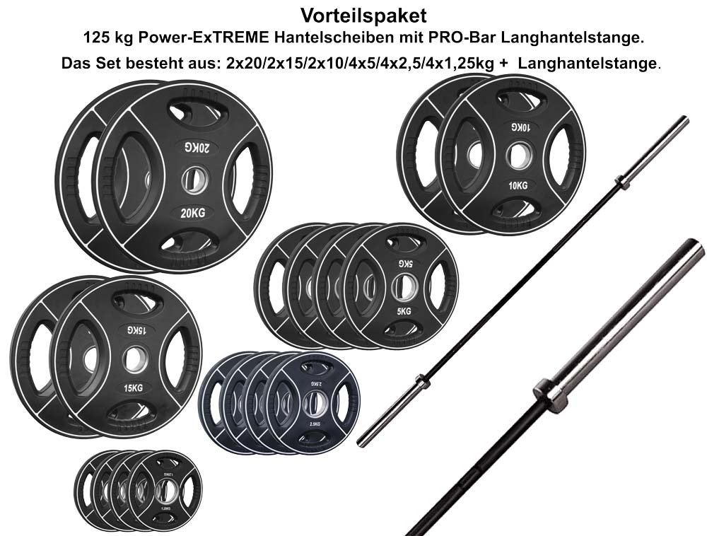 Picture of Vorteilspaket Bundel 125 kg - 50 mm Power-Extrem Polyurethan Hantelscheiben mit Langhantelstange Pro Bar